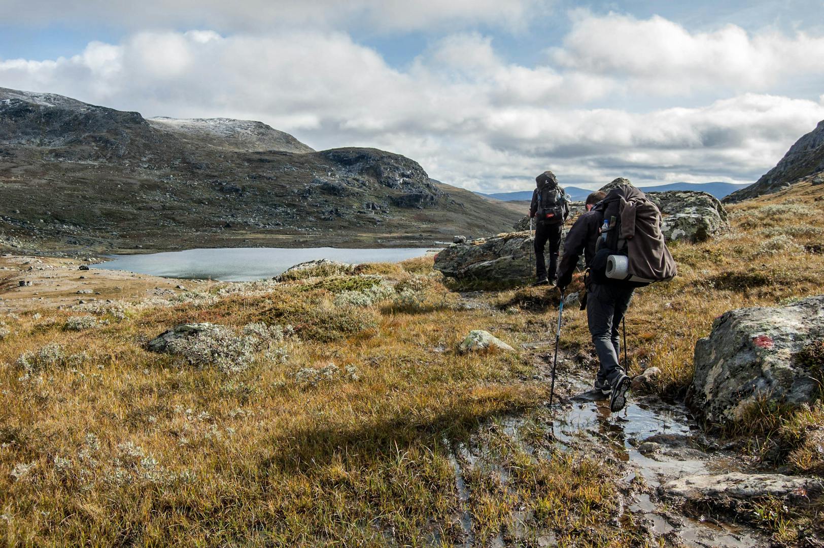 Des randonneurs bien équipés en Suède profitent d'une randonnée et d'une nature magnifiques
