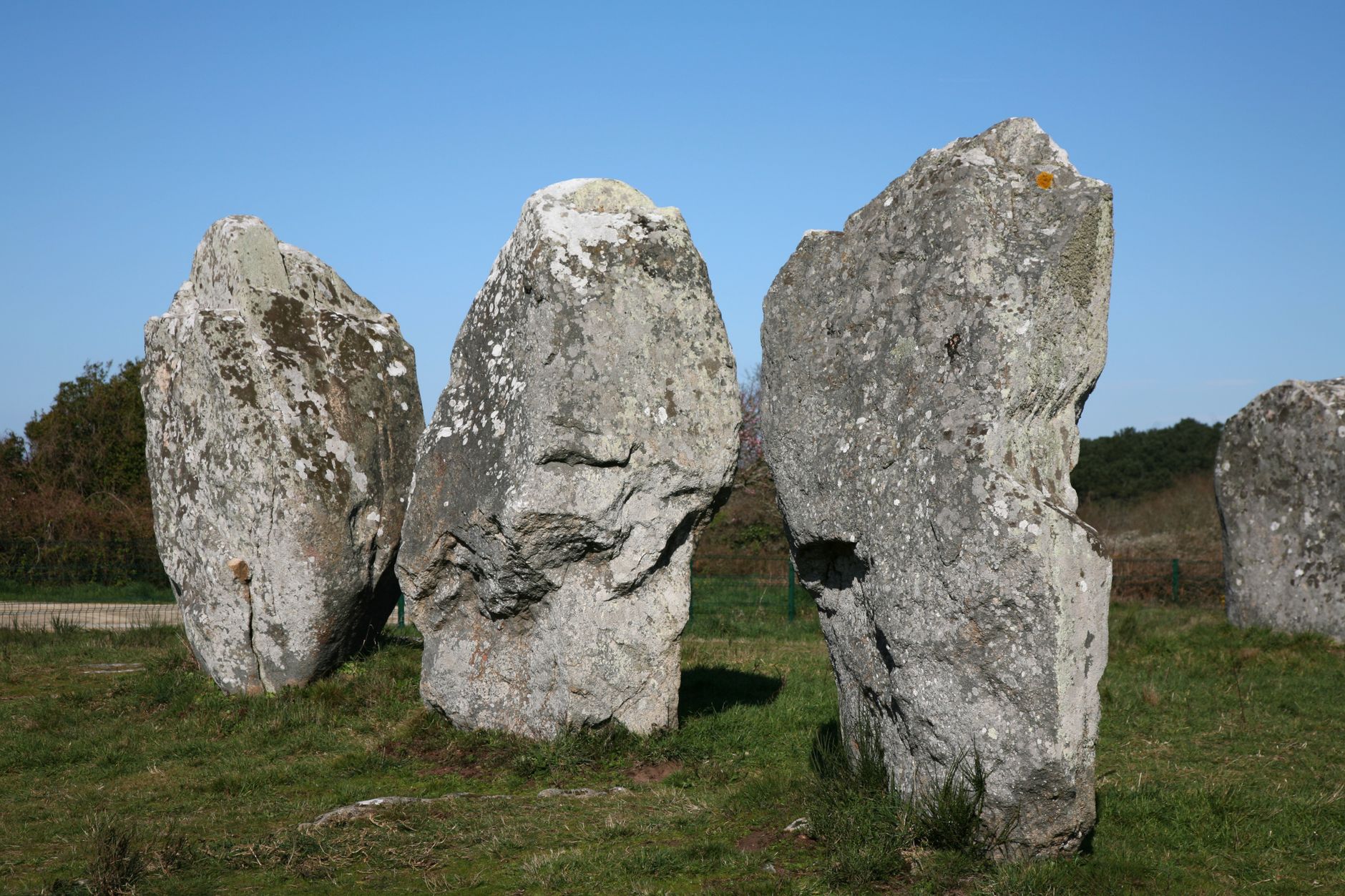 Trois grands menhirs bruts couverts de lichen dressés dans l'herbe, sous un ciel bleu