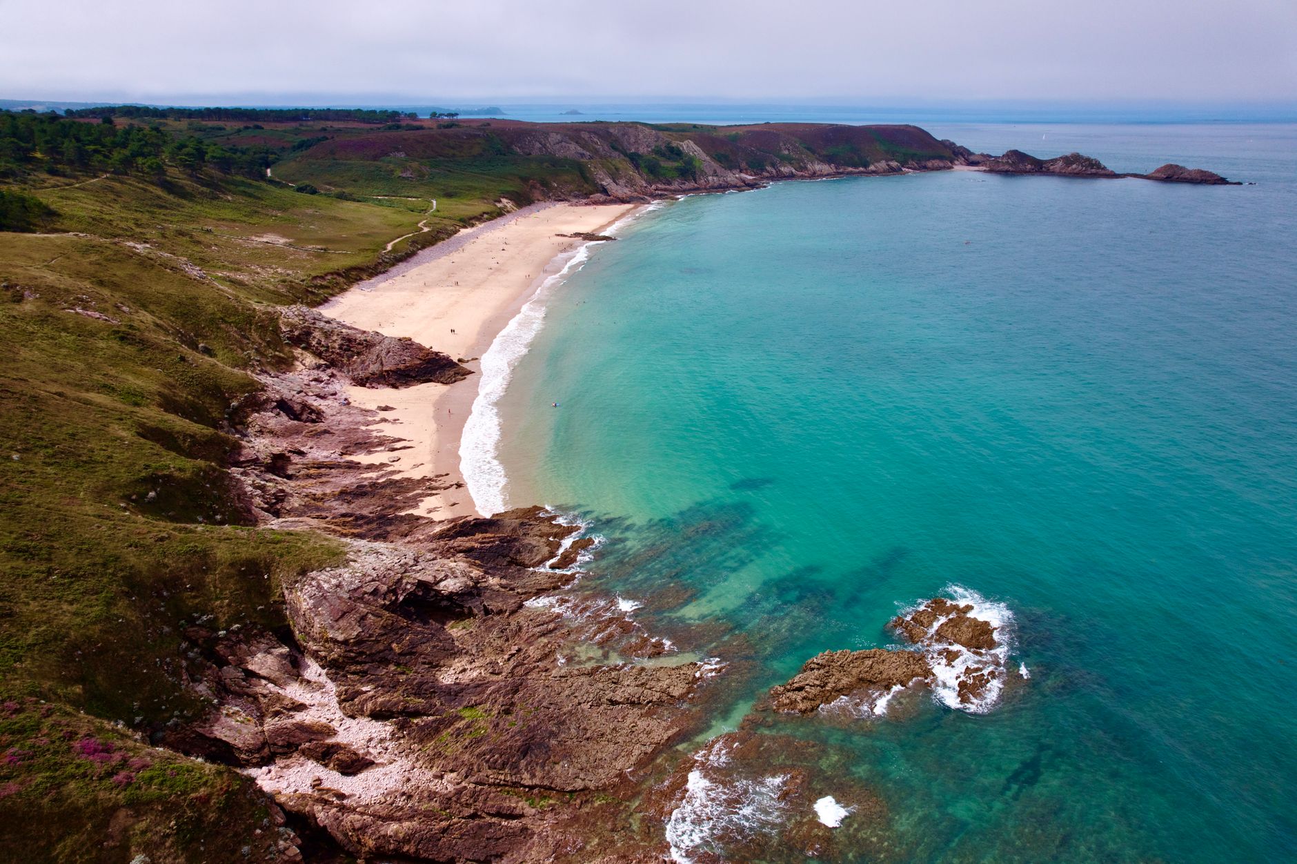 Vue aérienne d'une anse de sable aux eaux turquoises bordée de falaises et de lande sur la côte bretonne